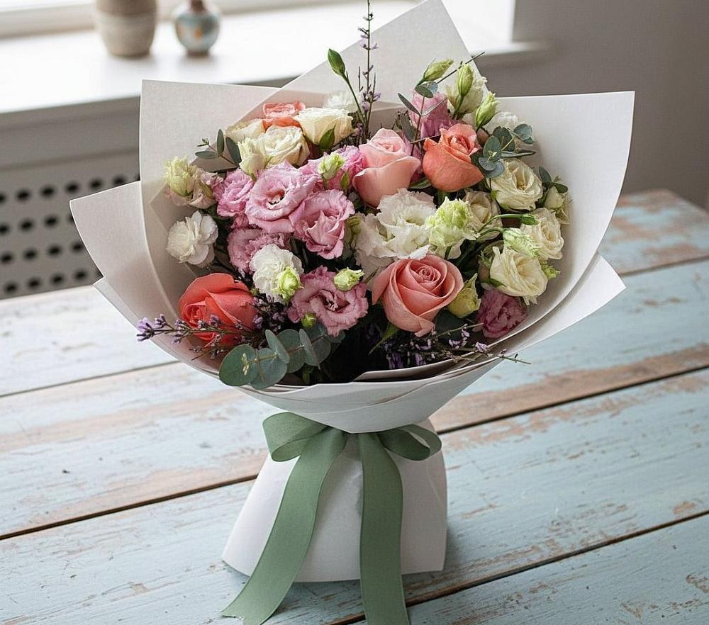 Букет цветов из: Розы, Лизиантусы и Гвоздики в Троицкое