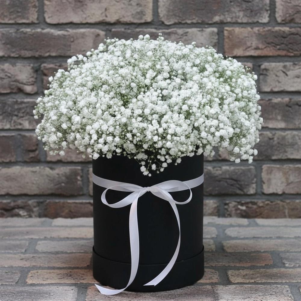 Цветочная композиция из Гипсофила в шляпной коробке в Троицкое