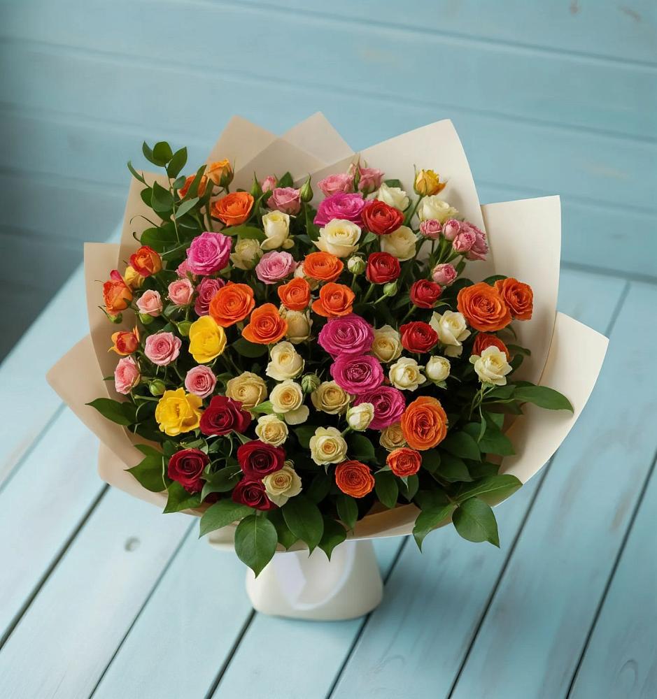 Букет Микс из разноцветных кустовых роз в Троицкое