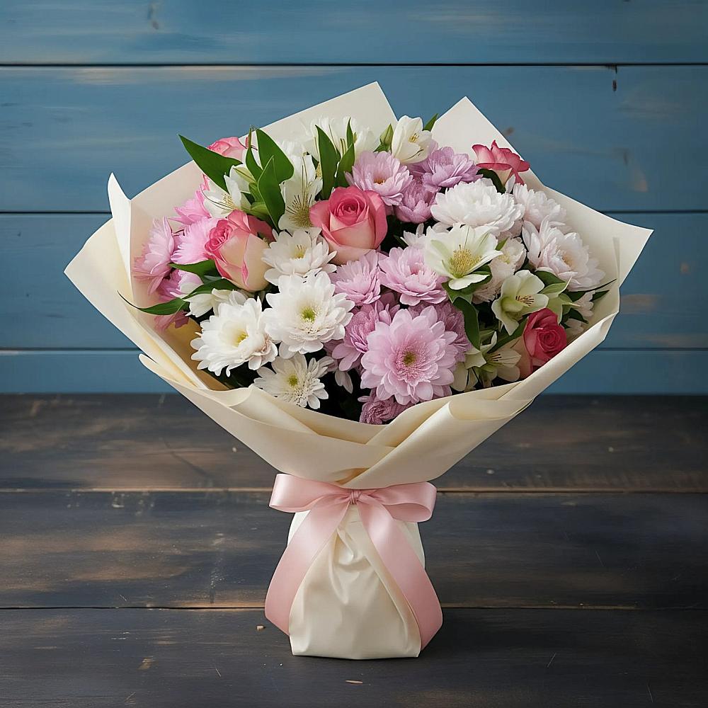 Букет цветов из: Хризантемы, Альстромерии и Розы в Троицкое